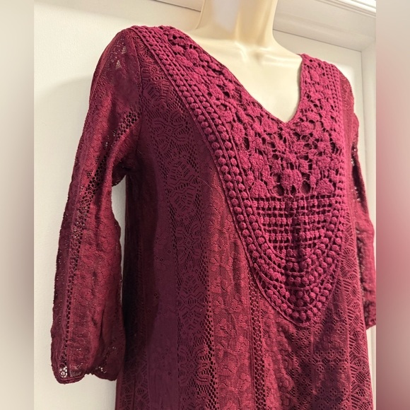 Xhilaration Burgundy Lace V Neck 3/4 Sleeve Dress Medium - Picture 3 of 13